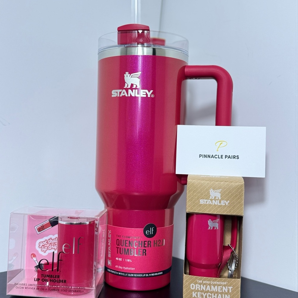 Stanley x E.L.F. Red Delicious 40oz tumbler, lip oil holder, and keychain